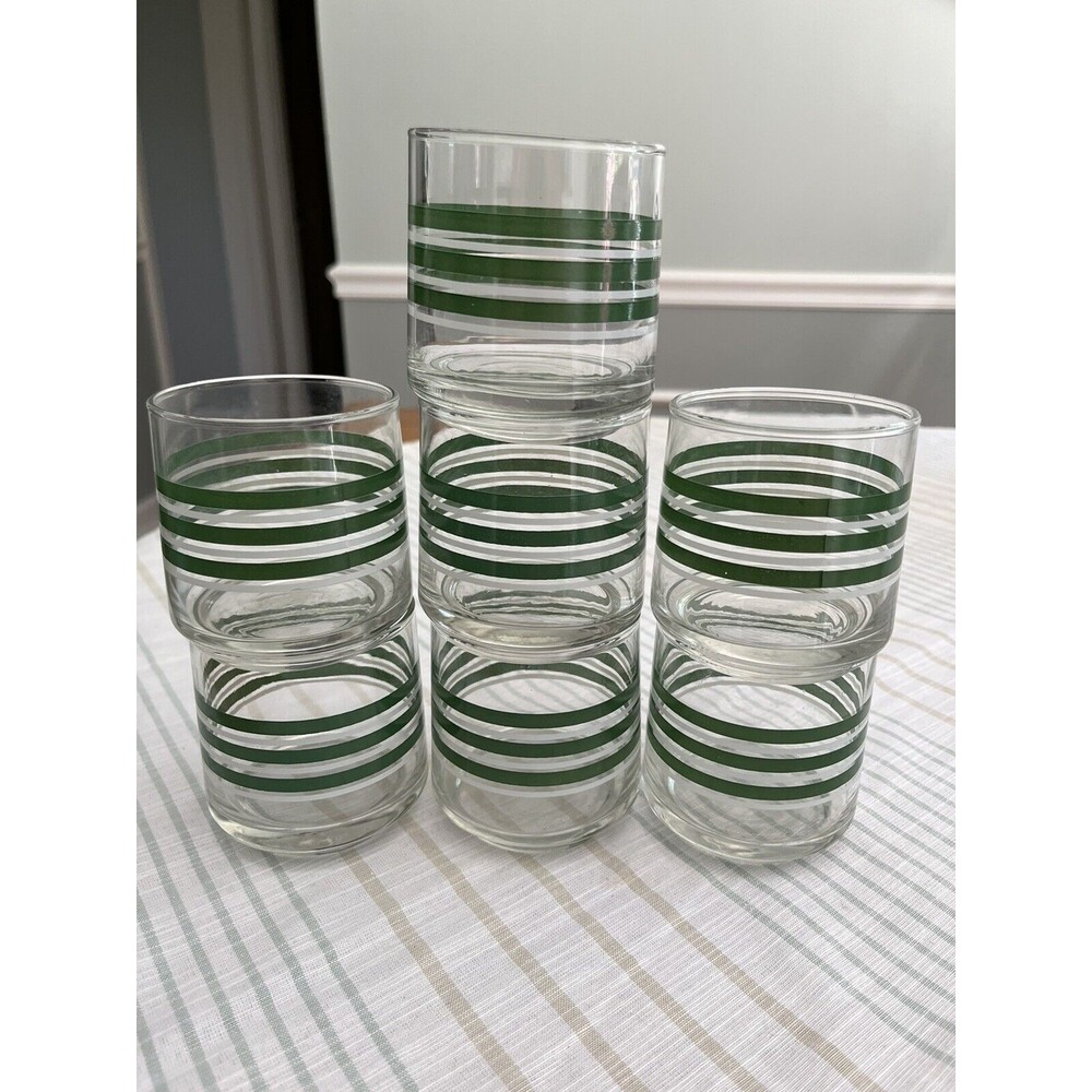 Set of 7 - Vintage 1970’s Green & White Striped 3” Rock Juice Glasses - Picture 8 of 9